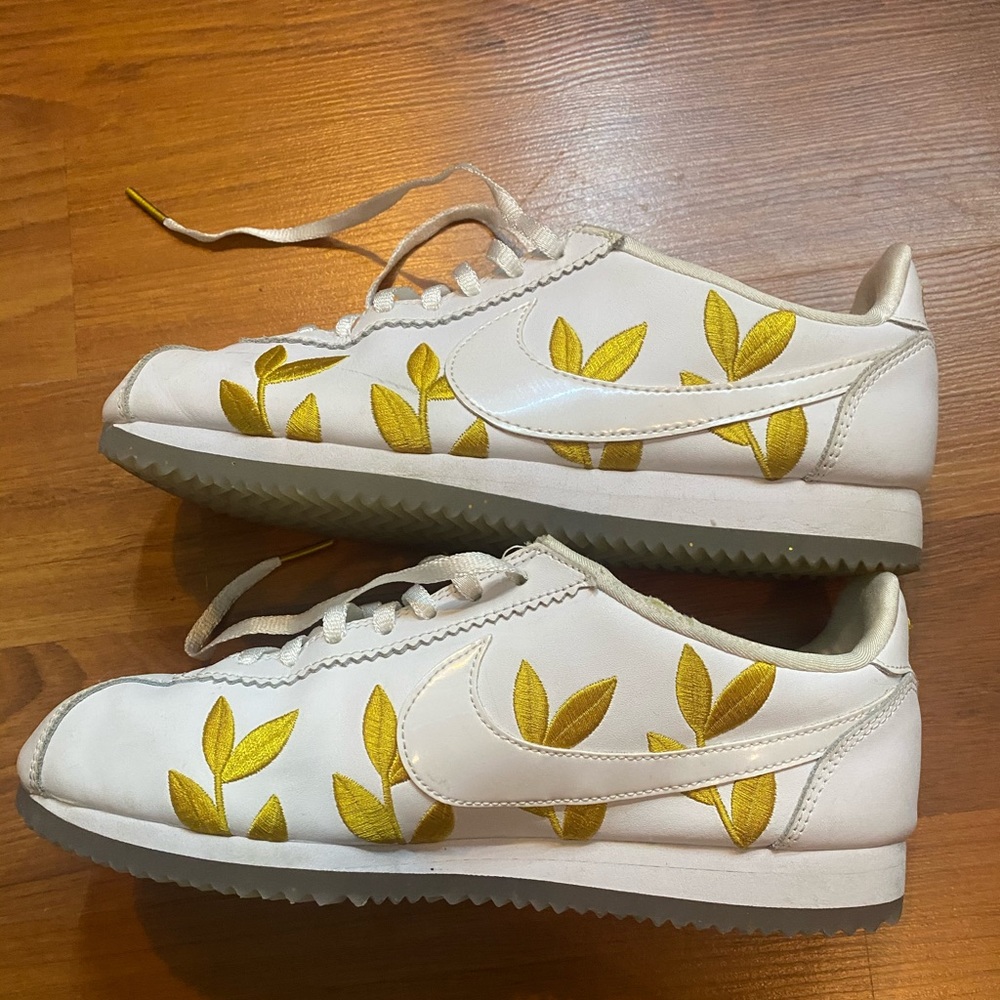 Nike Cortez Gold and White Leaves